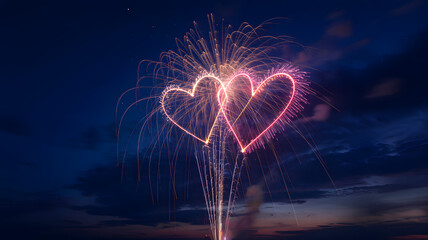 Two glowing heart shapes formed by fireworks in a night sky with trailing sparks