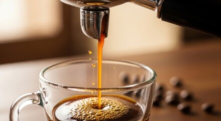 Close-up of a cup being filled with freshly brewed espresso from a coffee machine delivering rich