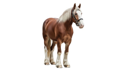 Isolated chestnut horse, draft horse with white mane and blaze, saddled farm animal, equine stock © Paula