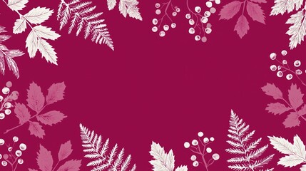 Repeating botanical pattern with fern fronds, leaves, and berry branches in white and muted pink tones, set against deep maroon background. Ideal as wallpaper, poster