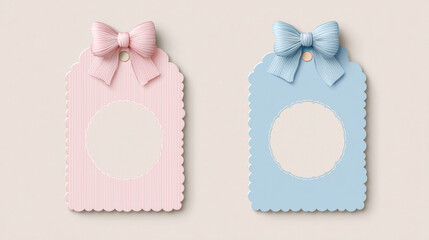 Two gift tags (pink and blue) with striped bows, scalloped edges and empty circular frames, set against soft beige background. Ideal for gift decor, card accents or decorative label designs.