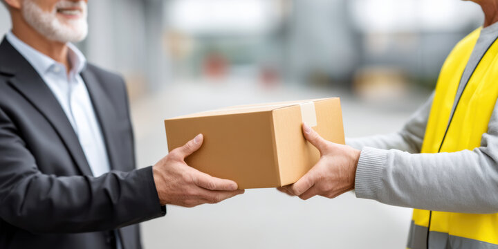 Happy senior businessman receiving e commerce box in green logistics warehouse - Powered by Adobe
