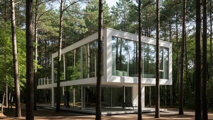 Fototapeta premium Modern Minimalist White Glass House Architecture Nestled in a Serene Pine Forest with Tall Trees