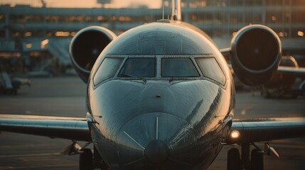 Medium shot of a sleek shorthaul air shuttle airplane preparing for boarding with the bustling terminal softly blurred in the background.
