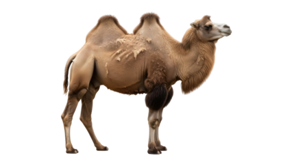 Isolated Bactrian camel standing in profile view, an even-toed ungulate native to Central Asia