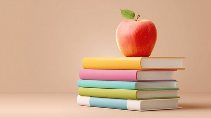 Stack of colorful books (yellow, pink, teal, green, two-tone) with fresh red apple (with leaf) placed on top, set against soft light beige background. Ideal as wallpaper, poster for education