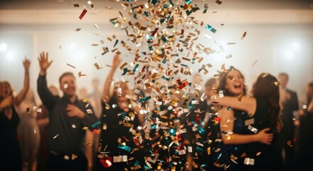 Joyful celebration with friends and colorful confetti shower on a special occasion