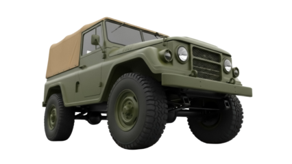Isolated utilitarian military vehicle rendered in studio, vintage olive-green transport