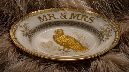 Wedding-sign-in close-up: white ceramic divided plate engraved Mr. & Mrs., fluffy fur backdrop adds ritual vibe, tiny surprise before ring exchange, perfect for invite, place card, reception desk visu
