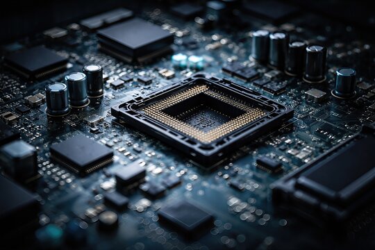 Detailed close up of a modern computer motherboard showcasing intricate circuits and components enhancing digital technology innovation and connectivity
