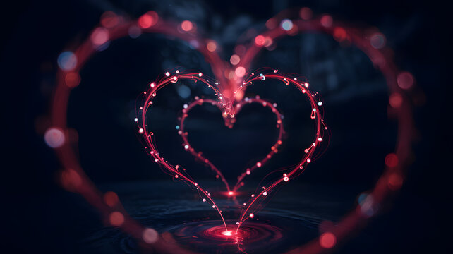 Ethereal red heart swirl with glowing lights in dark background - Powered by Adobe