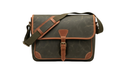 Isolated messenger bag, brown leather trim, waxed canvas, strap, metal buckle, classic style