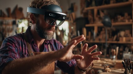 Closeup of hands manipulating virtual tools for leather crafting in augmented reality headset user sharply focused with blurred ambient background.