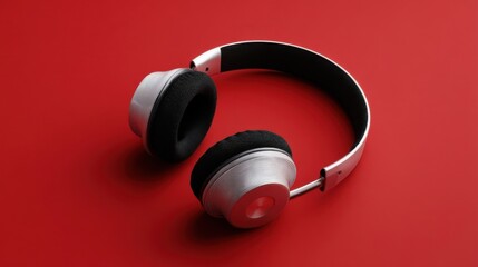 A pair of silver headphones with black padding rests against a vibrant red background,