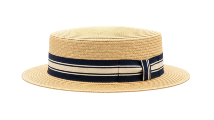 Isolated straw boater hat with blue and beige ribbon, traditional men's summer headwear
