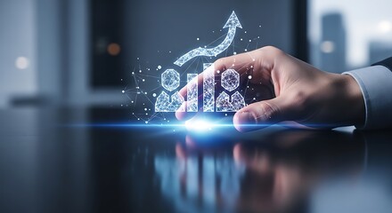 A professional's hand touches a set of glowing digital icons depicting business growth, collaboration, and an upward trending arrow, signifying teamwork, leadership, and successful expansion.