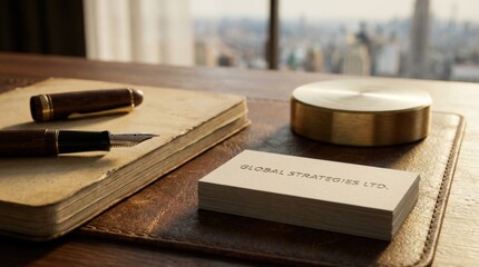 Business meeting essentials modern workspace with pen notebook and business card holder in a high-rise office environment overlooking cityscape for professional networking