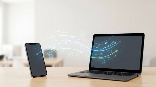 AI workflow automation concept - Modern corporate image featuring a smartphone and laptop with abstract data flow icons, symbolizing technology and connectivity in a business environment. - Powered by Adobe