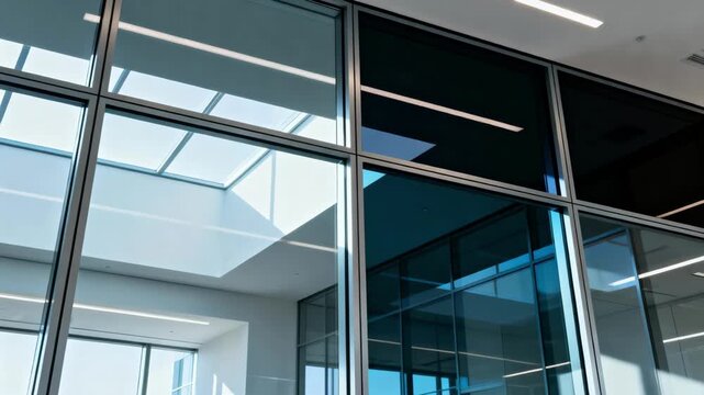 Medium shot of adaptive electrochromic glass panels adjusting tint in modern office building enhancing natural light control and energy efficiency.
