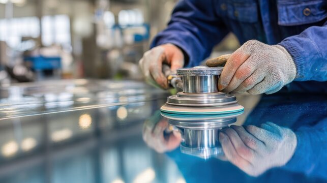 Closeup of a skilled worker polishing a metallic surface to achieve a highgloss reflective finish using precision tools in an industrial workshop environment. - Powered by Adobe