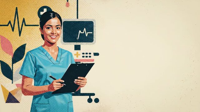 Smiling female nurse holds medical chart, writes, and cares for patient in healthcare setting, with retro art style