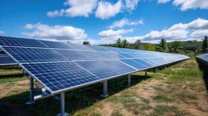 Rows of dark blue solar panels installed on metal racks in an outdoor solar farm,