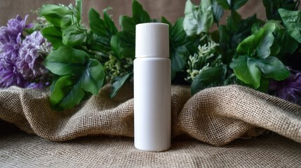 A closed white plastic bottle with a ribbed off-white cap sits centrally on a textured beige fabric,