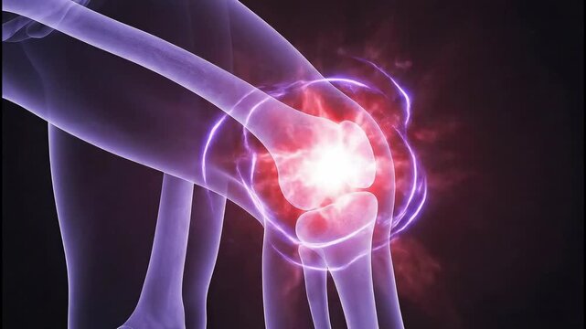 A dramatic, dark 3d rendering of a human knee joint experiencing intense, glowing red inflammation, visualized in a futuristic violet x-ray style on a black background.