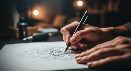 Artistic expression unfolds as a tattoo artist sketches a detailed design on paper