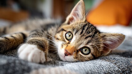 Adorable tabby cat relaxing indoors with captivating gaze and soft fur