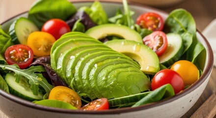 Fresh and Vibrant Salad with Avocado Slices and Cherry Tomatoes Close-Up Shot in a Bowl