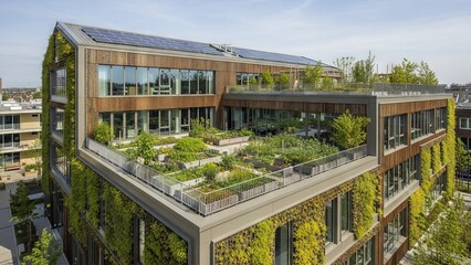 Modern Building With Green Rooftop Garden and Solar Panels