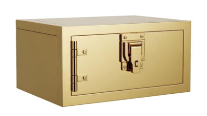 Isolated metal gold strongbox security container used to store valuables, jewelry, money