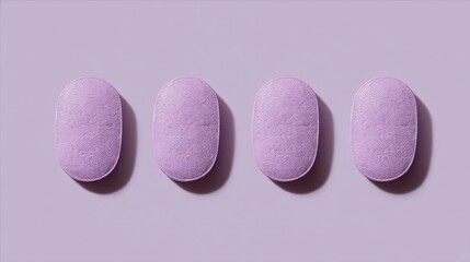 Four soft oval-shaped tablets in light purple arranged horizontally on a matching pastel background.