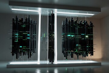 An abstract technology background features glowing fiber optic cables and digital light spots connecting a city business market through an electronic data circuit design