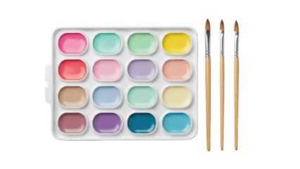 Isolated watercolor paint palette with various colors and paint brushes for illustration work