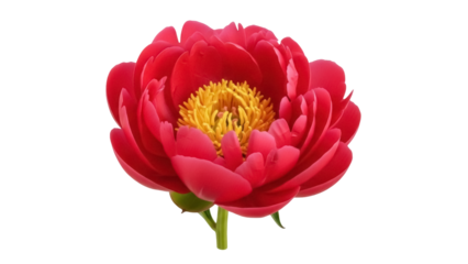 Isolated bright red peony flower head with yellow center, fresh bloom, garden plant
