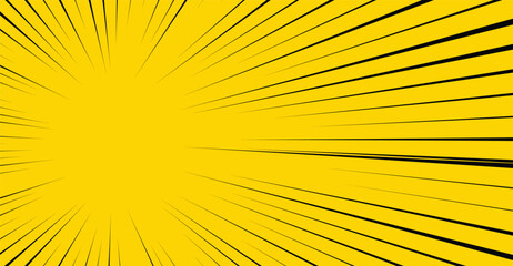 Dynamic yellow background with black radial lines creating a speed or comic book effect.