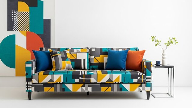 Modern Geometric Upholstered Sofa with Vibrant Teal, Yellow, and Orange Pattern - Powered by Adobe