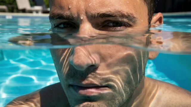 Close-up of a man's face half submerged in a swimming pool. Split-level shot showing water refraction and wet skin. Summer vacation and lifestyle concept