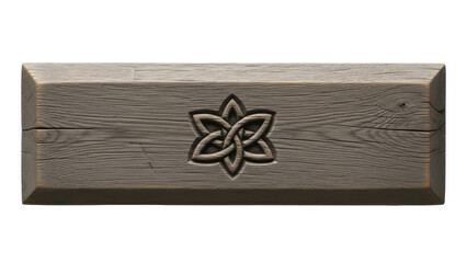 Isolated wood beam with carved knot symbol, lumber decor element, rustic interior design