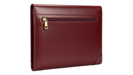 Isolated dark red leather folio case with gold zipper, stylish and high-quality design