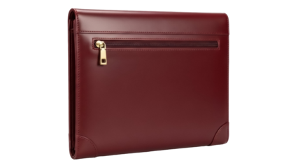 Isolated dark red leather folio case with gold zipper, stylish and high-quality design