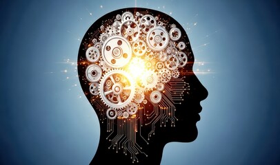 A creative illustration of a human head with gears and circuits representing innovative thinking and technology