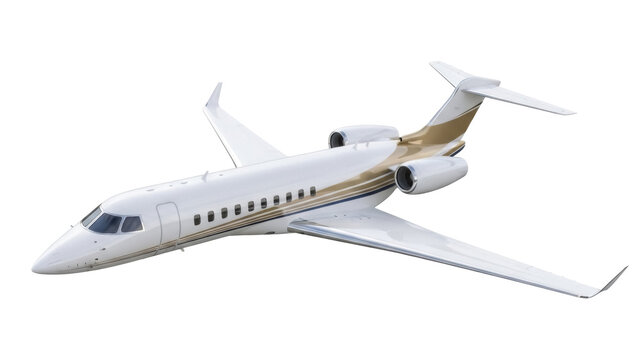 Isolated aircraft, private jet, luxurious airplane with golden stripe, jet on the airfield