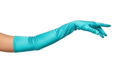 Isolated hand in turquoise surgical glove reaches, wearing latex safety arm covering