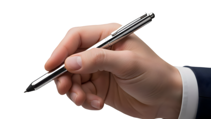 hand holding digital stylus pen, realistic metallic finish, productivity concept, studio lighting, transparent background