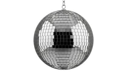 Isolated disco ball, classic 70s reflective sphere with small mirrored squares, nightclub decor