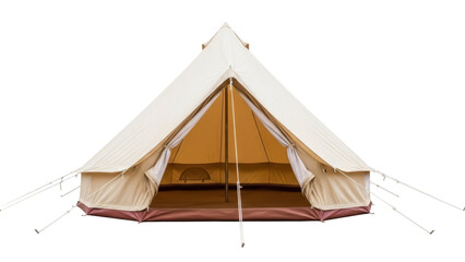 Isolated beige canvas tent for camping outdoors, comfortable shelter for outdoor recreation