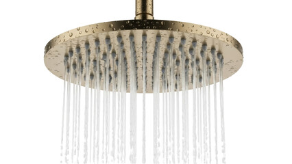 Isolated brass rainfall shower head providing full stream, with water drops, refreshing, modern